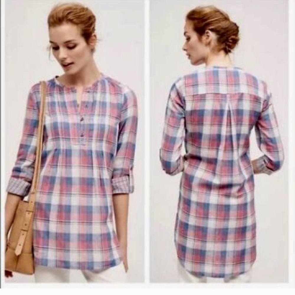 HOLDING HORSES Pink and Blue Plaid Tunic Button Down Shirt